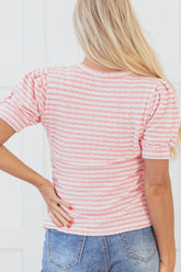 Stripe Textured Puff Sleeve Crewneck Top OutfitFlow